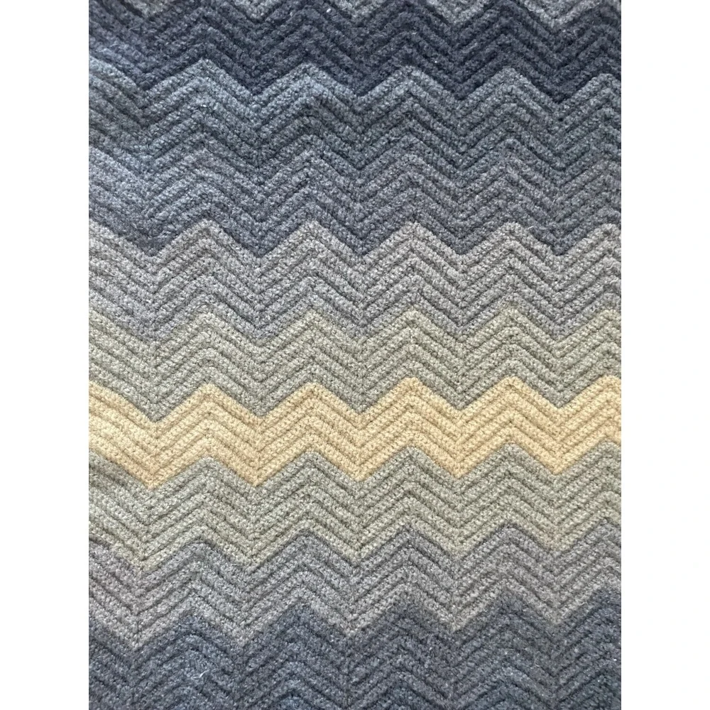 Vtg Blue Chevron Crochet Afghan 70's Boho Hippie Fringe Lap Blanket Throw 44x47